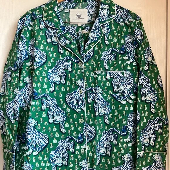 NWT PRINTFRESH Green Floral with TIGERS Cotton Long Pajama Set Size Medium - Picture 5 of 8